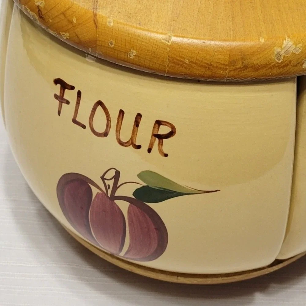 Vintage Ceramic Fruit Motif Wood lid 4 Piece Wedge Cannister set lazy susan